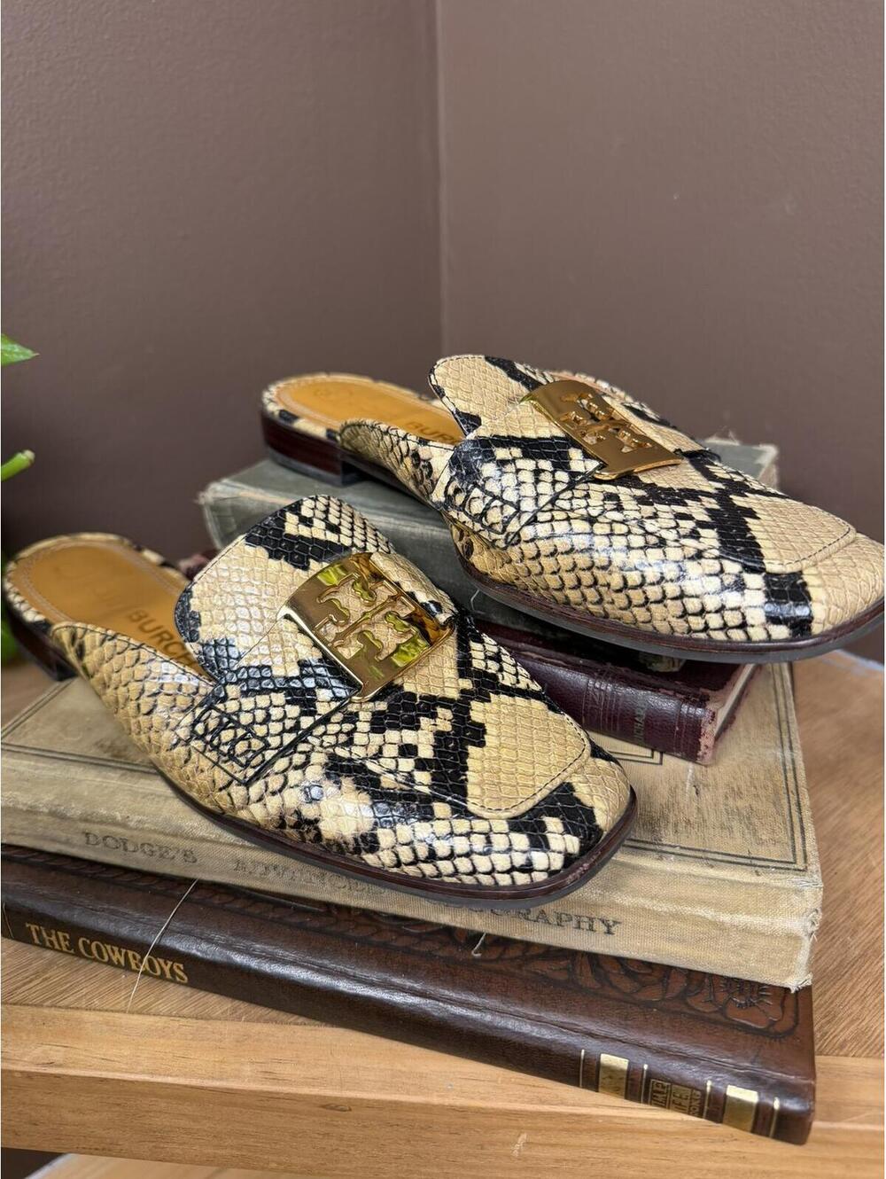 Tory Burch G Georgia mule slide loafer, snake print, gold logo buckle size 8.5